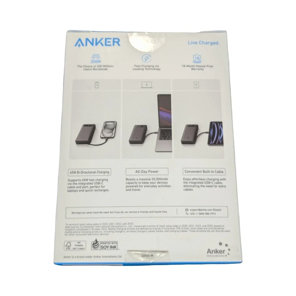 Pp7U Anker 65W Two-Way Power Bank with Built-In Cable – 20,000mAh 87w Total Outp